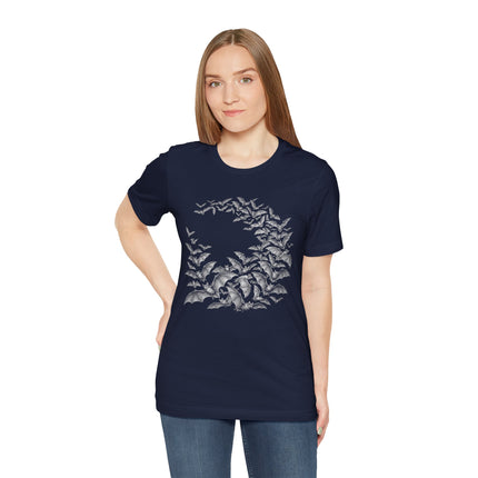 Navy t-shirt featuring a gothic bat swarm graphic with detailed dark foliage and nocturnal art.