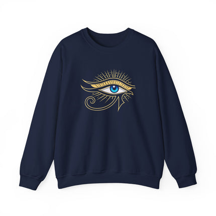 Eye of Ra ancient Egyptian symbol graphic print on a pullover sweatshirt.