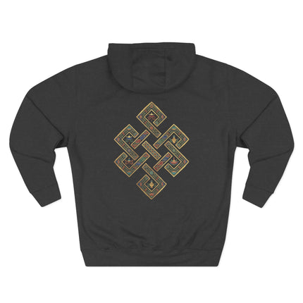 Black pullover hoodie featuring a golden Endless Knot Buddhist symbol print.