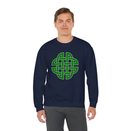 Green Celtic knotwork graphic on a navy blue pullover sweatshirt.