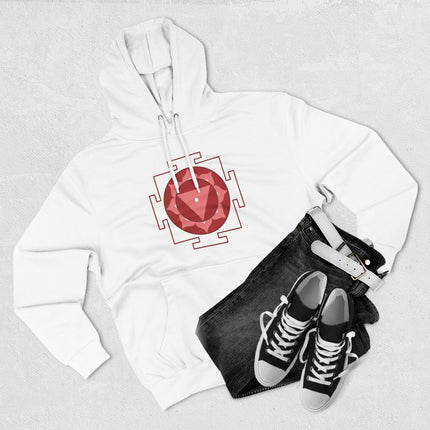Red sacred geometry yantra symbol on white spiritual pullover hoodie.