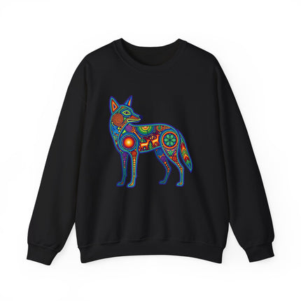Vibrant Huichol coyote graphic on black sweatshirt, featuring Mexican indigenous folk art and spiritual symbols.