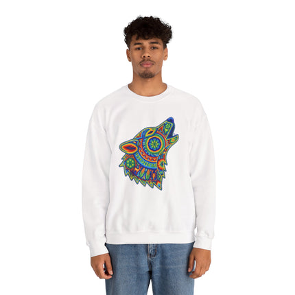 Rainbow Huichol tribal art wolf graphic on a geometric pullover sweatshirt.