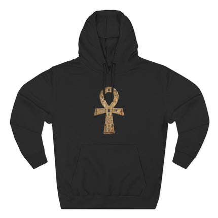Black pullover hoodie featuring the Ankh symbol, an ancient Egyptian hieroglyph of life and divine wisdom.