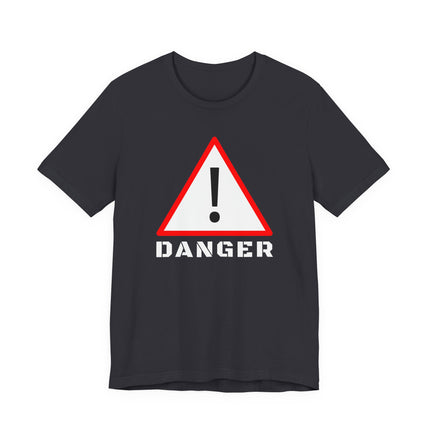 Danger warning sign graphic on a black t-shirt.