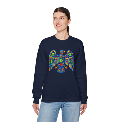 Colorful tribal eagle graphic inspired by Huichol Mexican folk art on a navy sweatshirt.