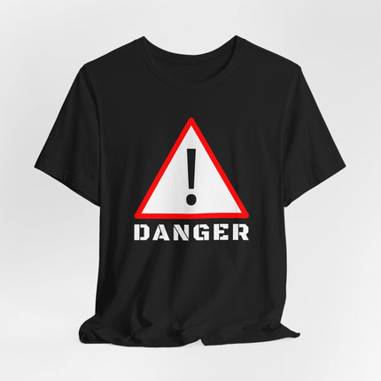 Danger warning sign graphic on a black t-shirt.