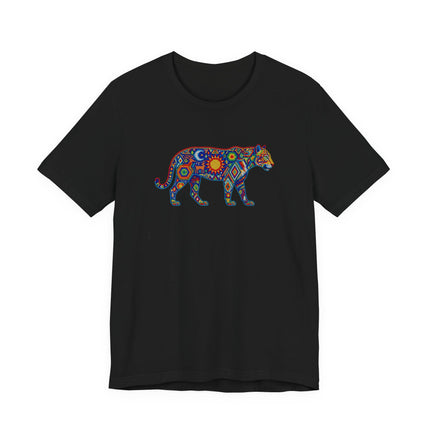 Vibrant Huichol jaguar graphic tee featuring colorful Mexican folk art mosaic design.