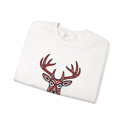 Red and black tribal art deer head graphic on a cozy pullover sweatshirt.