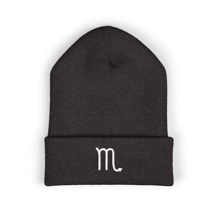 Scorpio Symbol Cuffed Beanie | Embroidered White Astrology Glyph