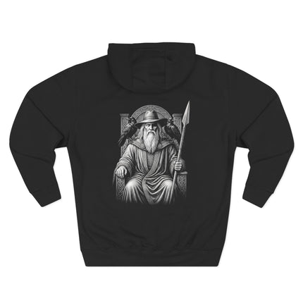 Detailed illustration of Odin, the Norse Allfather, with ravens and spear.
