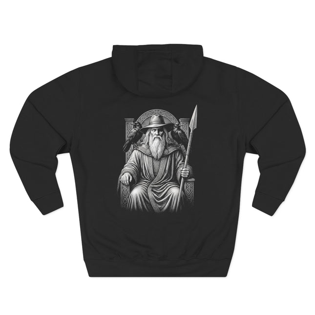 Detailed illustration of Odin, the Norse Allfather, with ravens and spear.