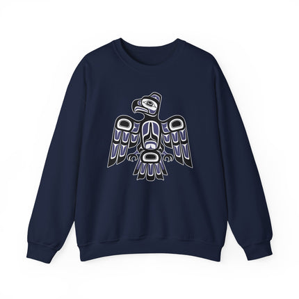 Pacific Northwest formline art raven graphic on a navy pullover sweatshirt.