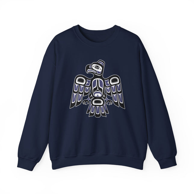 Pacific Northwest formline art raven graphic on a navy pullover sweatshirt.