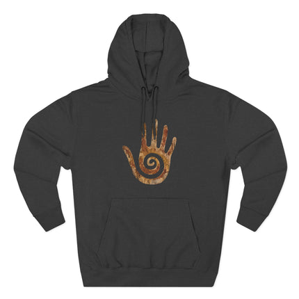 Black hoodie featuring a distressed Hopi healing hand symbol with a protective spiral design.