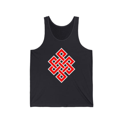 Red Endless Knot Buddhist symbol graphic on a black tank top.