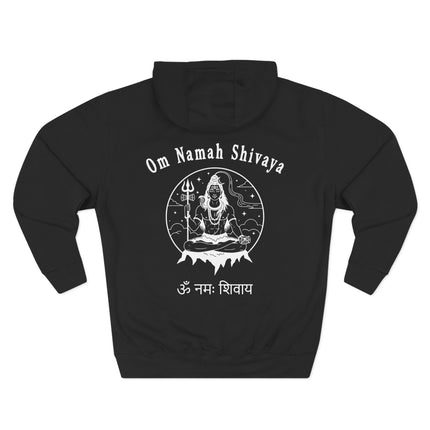 Lord Shiva meditating with Om Namah Shivaya mantra on a black spiritual hoodie.