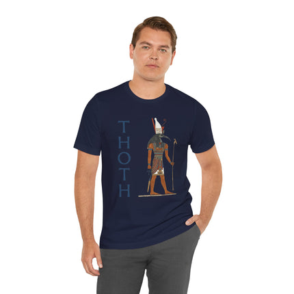 Thoth, Egyptian god of wisdom, graphic print featuring the ibis deity on a navy t-shirt.