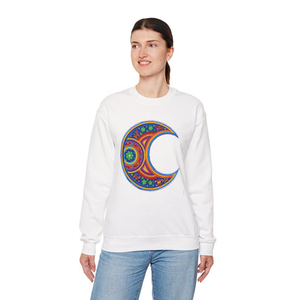 Huichol mandala moon crescent graphic on a white unisex sweatshirt.