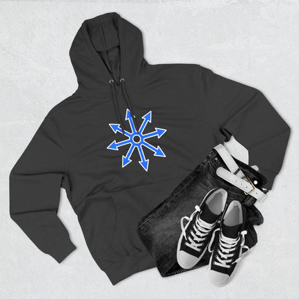 Black hoodie featuring a blue eight-pointed chaos star symbol, perfect for esoteric or alternative streetwear style.