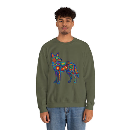 Vibrant Huichol coyote symbol graphic featuring Mexican folk art and dot art style.