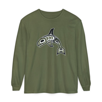 Formline Whale Long Sleeve T-Shirt | Curved Red and White Design Tee
