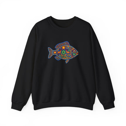 Vibrant Huichol Mexican folk art print featuring a colorful fish motif on a pullover sweatshirt.