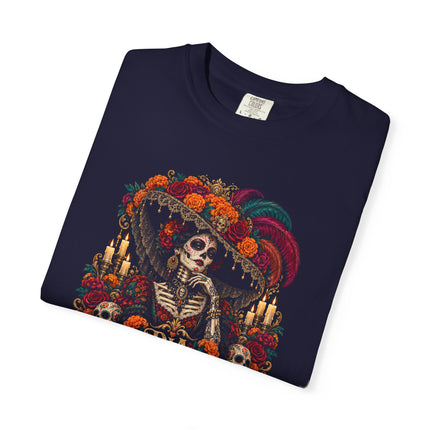 Día de los Muertos T-Shirt | Floral Skeleton Portrait and Candles