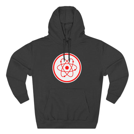 Red atomic symbol graphic on a black science physics hoodie.