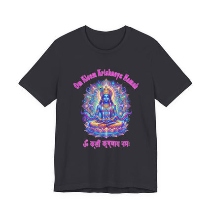 Vibrant Krishna mandala t-shirt featuring the Om Kleem Krishnaya Namah mantra print.