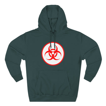 Dark hoodie featuring a bold red biohazard symbol danger warning graphic print.