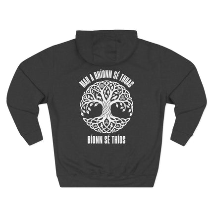 Celtic Tree of Life hoodie featuring Gaelic script and knotwork, symbolizing "As Above So Below.
