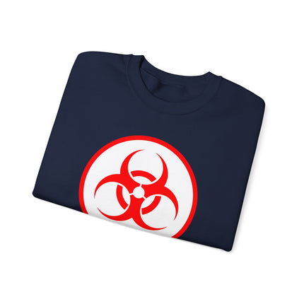 Black pullover sweatshirt featuring a red biohazard warning symbol graphic print.