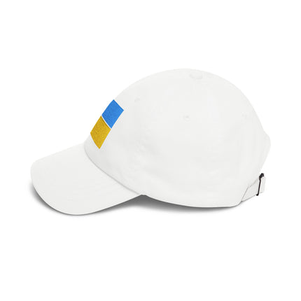White baseball cap featuring the embroidered Ukrainian flag for support.