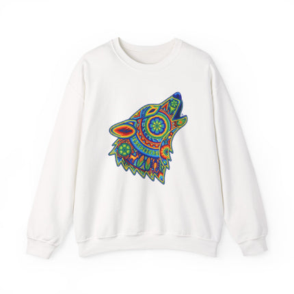 Rainbow geometric Huichol style wolf howling tribal art graphic print.