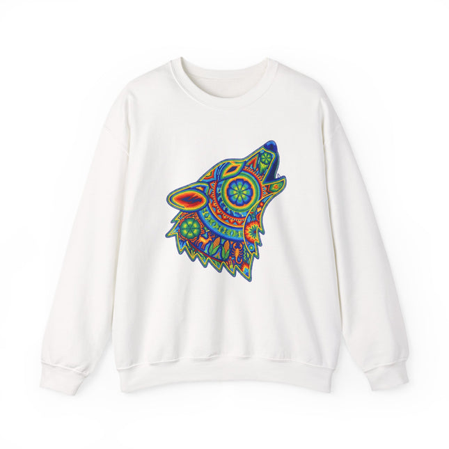 Rainbow geometric Huichol style wolf howling tribal art graphic print.