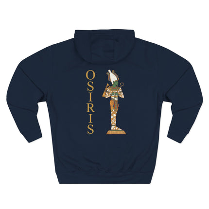 Golden print of Osiris, the Egyptian god, on a dark hoodie. Features the standing figure and vertical "OSIRIS" name.