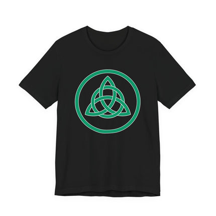 Green Triquetra knot symbol on a black t-shirt. Celtic design.