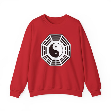 Red pullover featuring a geometric Yin Yang Taijitu symbol design representing balance and harmony.