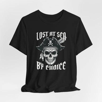 Lost at Sea By Choice pirate skull graphic tee design on a black t-shirt. Nautical adventure apparel.