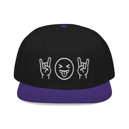 Black snapback hat with purple brim, featuring embroidered rock hand signs and a playful emoji face.