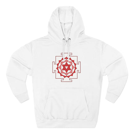 Red sacred geometry Yantra symbol on a white spiritual hoodie.