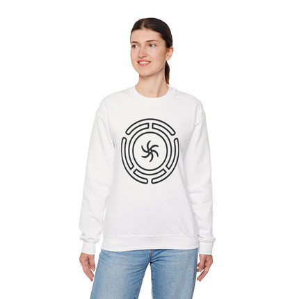 White pullover featuring the Hekate Wheel symbol, a design inspired by Greek goddess mythology.