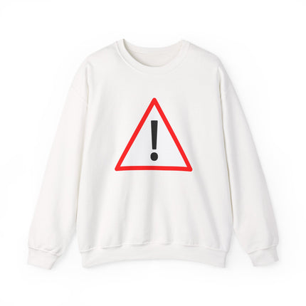 Danger warning sign graphic on black pullover sweatshirt featuring bold yellow exclamation mark design.