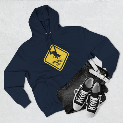 Werewolf Xing warning sign graphic on a navy hoodie. Yellow hazard sign featuring a werewolf silhouette for Halloween.