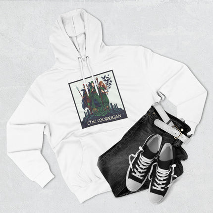 Celtic goddess The Morrigan graphic print on a white unisex hoodie.