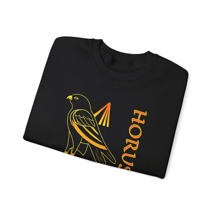 Egyptian god Horus falcon graphic print pullover sweatshirt featuring ancient Egyptian mythology art.
