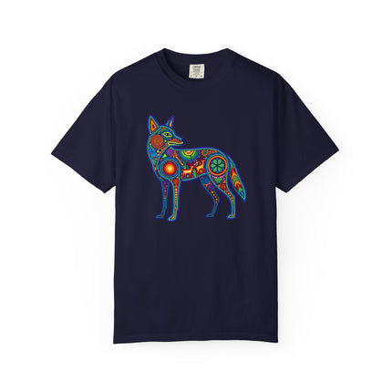 Huichol Coyote Art Tee - Colorful Indigenous Mexican Graphic T-Shirt