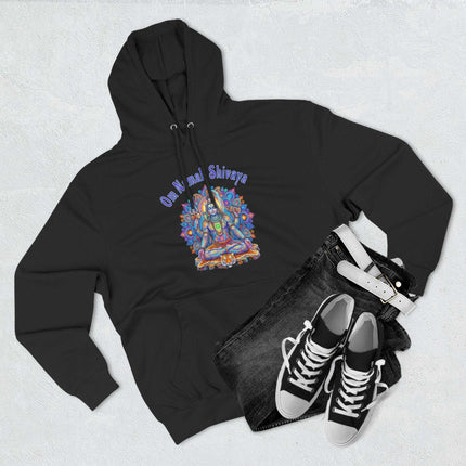 Om Namah Shivaya Lord Shiva spiritual art graphic on black pullover hoodie.