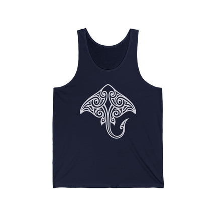 Polynesian tribal stingray design on a dark blue marine graphic tank top.